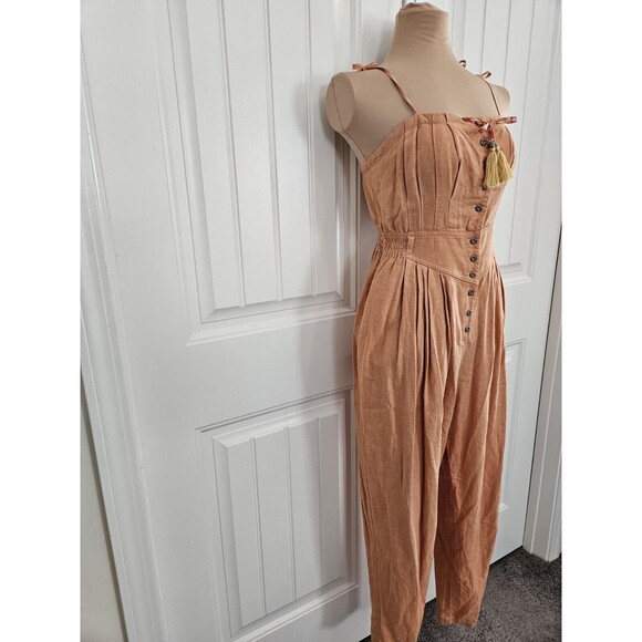 FREE PEOPLE CORAL ROSALYN JUMPSUIT SZ 2 No Belt Boho linen - Picture 3 of 10